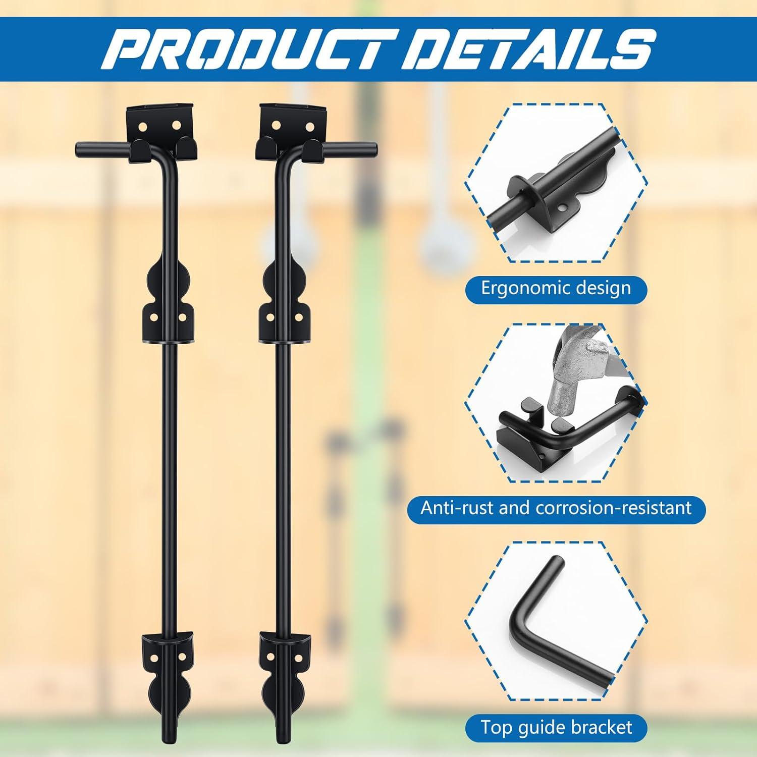 24 Inch Cane Bolt Gate Drop Rod Heavy Duty Gate Hardware, Gate Ground Latch for Wooden Fences, Metal Gates Doors Stopper for Gate Ground, Wrought Iron Gate Latches, Black Finish(2 Pack)