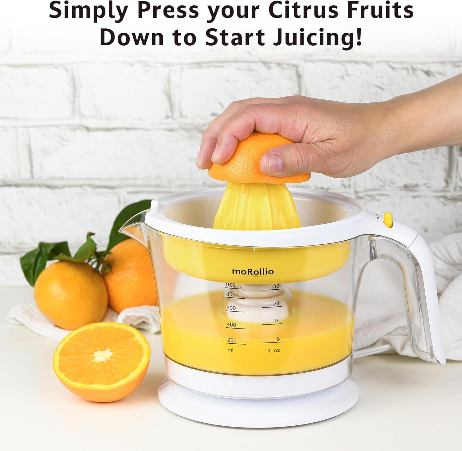 moRollio Citrus Juicer, Orange Juicer | Electric Citrus Juicer, Adjustable Pulp Control, 32oz