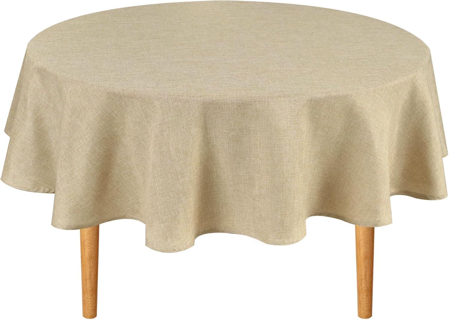 Hokku Designs Round Linen Tablecloth 90 Inch - Wrinkle And Stain Resistant Washable Polyester Fabric Table Cloth For Dining Room Kitchen Party, Beige