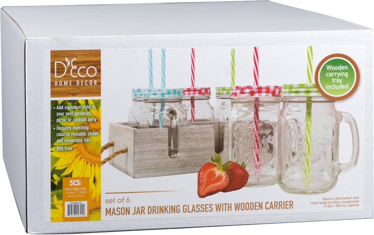Deco Glass Drinking Mason Jar Cups with Handle & Wooden Carrier with Reusable Straws  Lids & Handles Set of 6  16oz