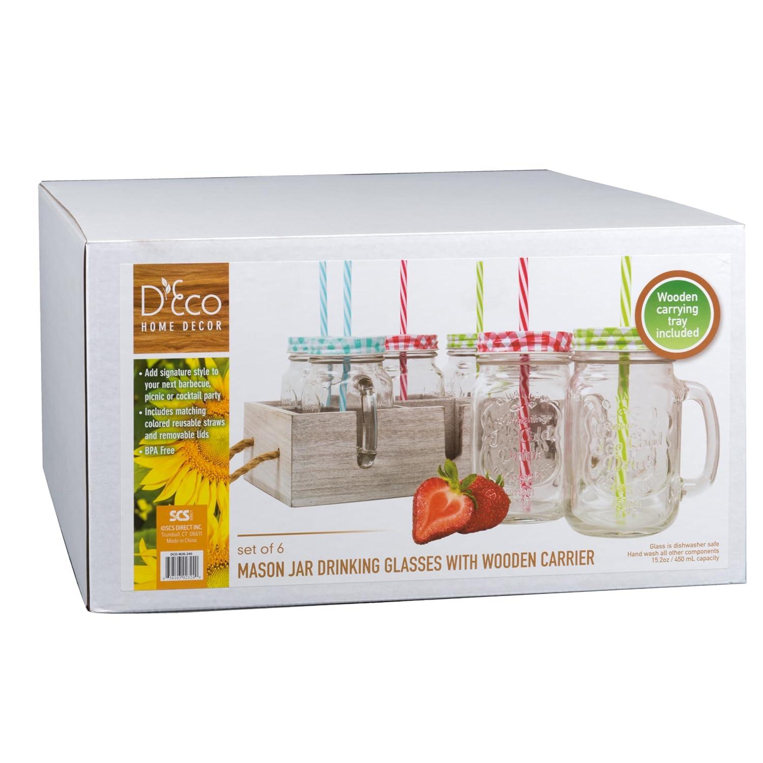 Deco Glass Drinking Mason Jar Cups with Handle & Wooden Carrier with Reusable Straws  Lids & Handles Set of 6  16oz