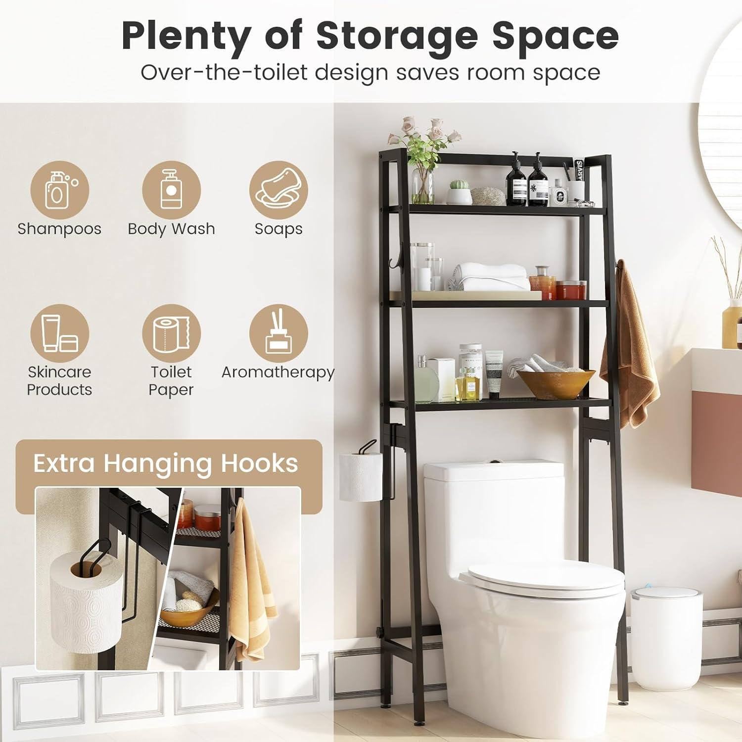 Tangkula Over-the-Toilet Storage 3-Tier Freestanding Bathroom Organizer Shelf w/ 2 Hanging Hooks & Toilet Paper Holder Black