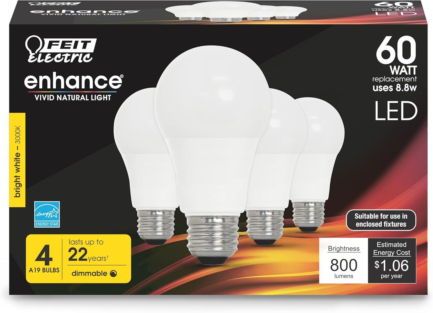 Feit Electric A19 E26 (Medium) LED Bulb Bright White 60 Watt Equivalence 4 pk