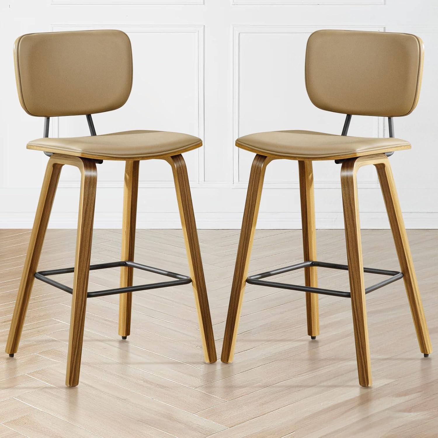 Counter Height Bar Stools, Set of 2, 26" Seat Height with PU Back Bent Wood Legs, Mid Century Modern Wooden Stool Leather Upholstered Bar Chair for Kitchen Island Dining Room