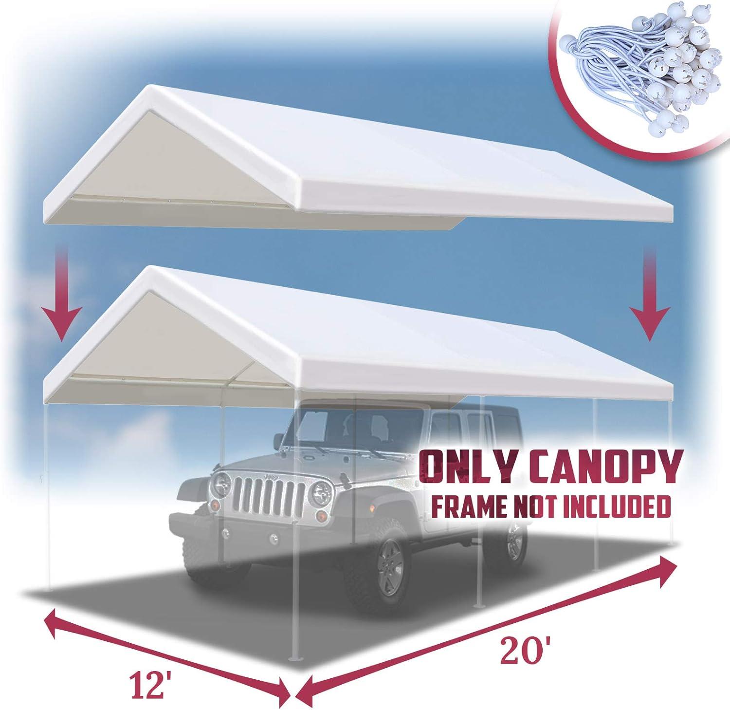 12 x 20 Feet Replacement Top Canopy Roof Cover for Carport Garage Shelter with Bungees, Frame Not Included (White)