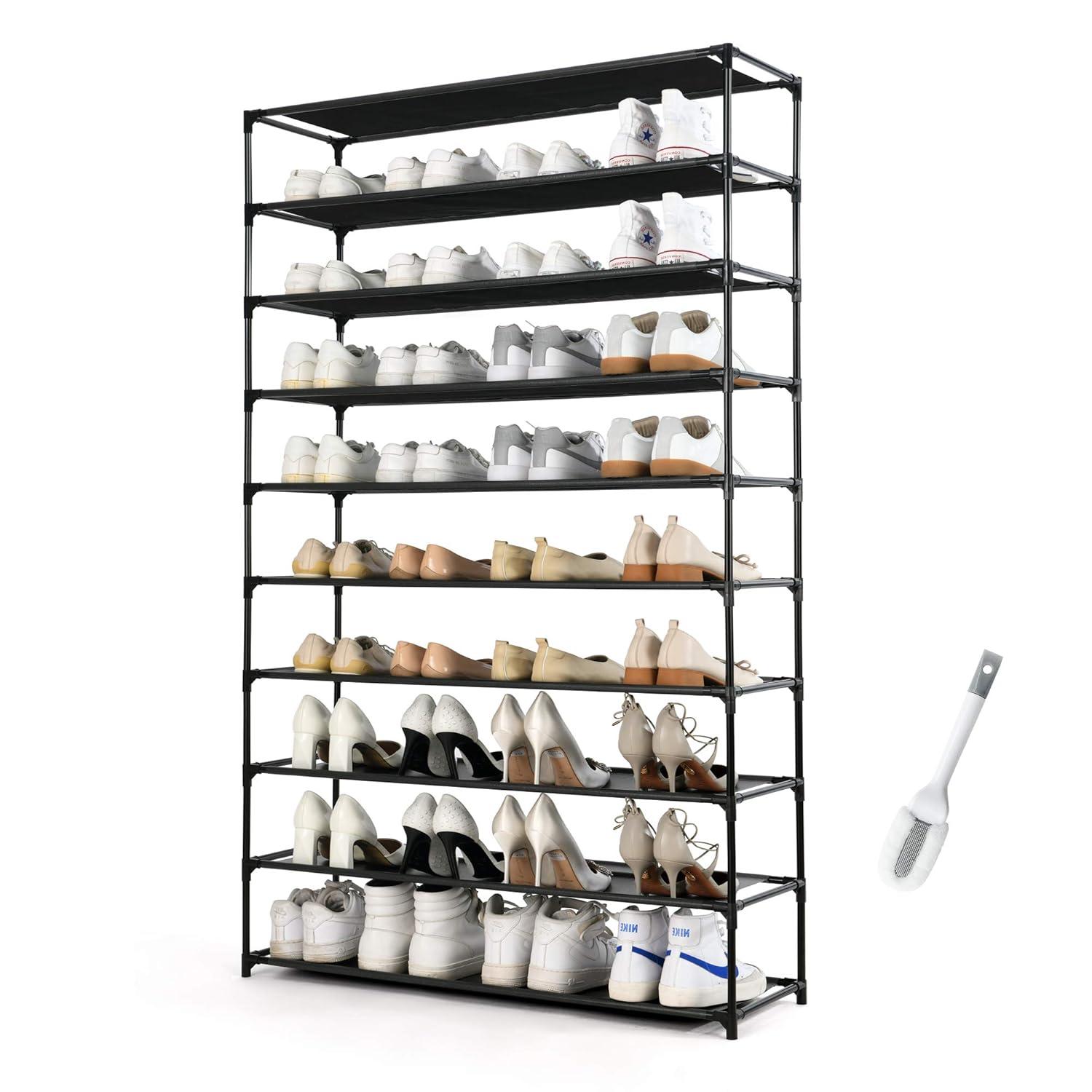 UBesGoo 10 Tiers Shoe Rack Shoe Shelf Free Standing 50 Pairs Shoe Tower Stand Space Saving Storage Organizer for Closet Entryway Bedroom Dorm Black