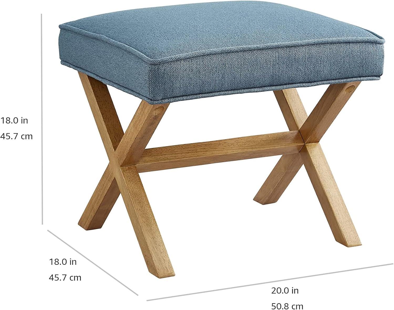 Indigo Blue Polyester X-Frame Ottoman with Wood Legs