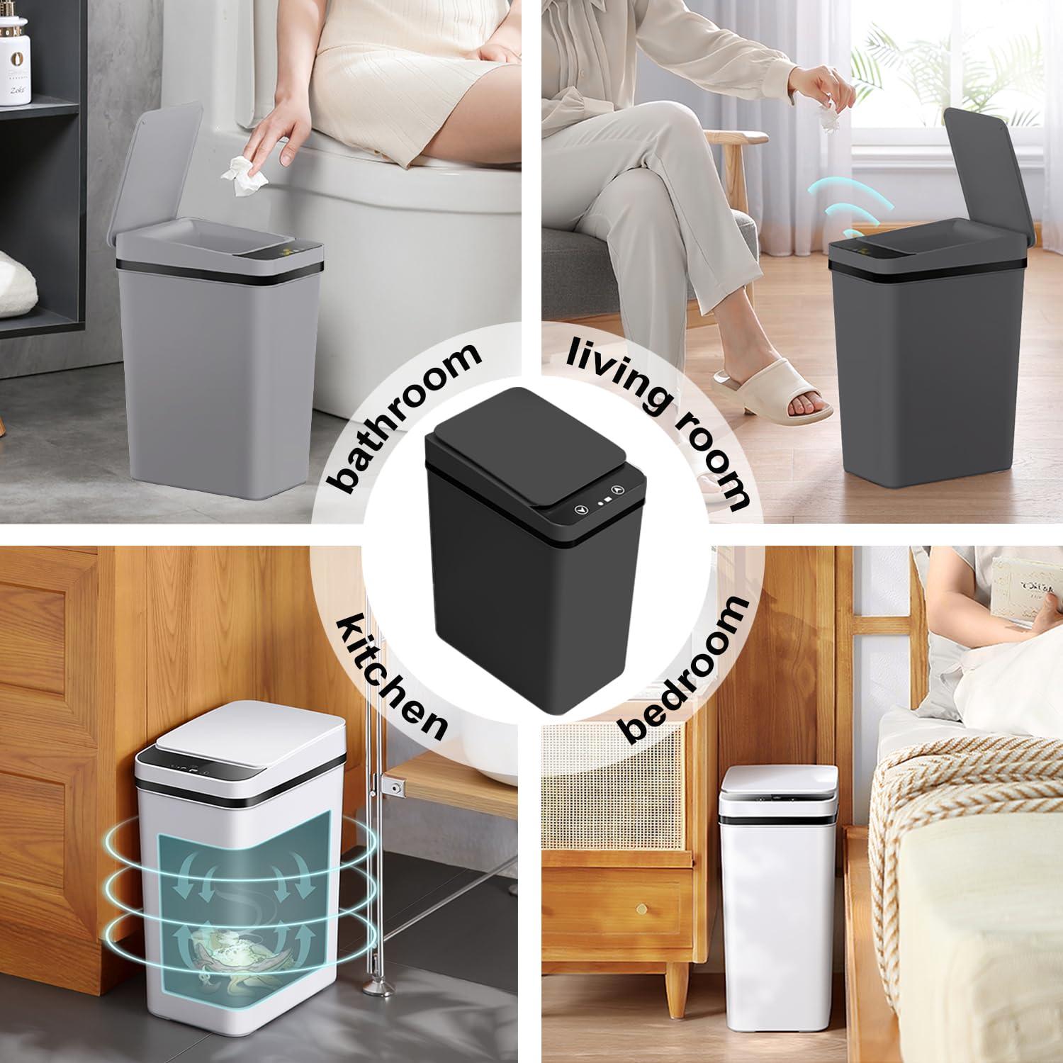 Yatmung 4 Gallons Bathroom Trash Can Automatic Touchless - 15.5 Liters Smart Trash Can Motion Sensor - Narrow, Plastic - Slim Electric Trash Bin - Skinny Garbage Can with Lid (Matte Black)