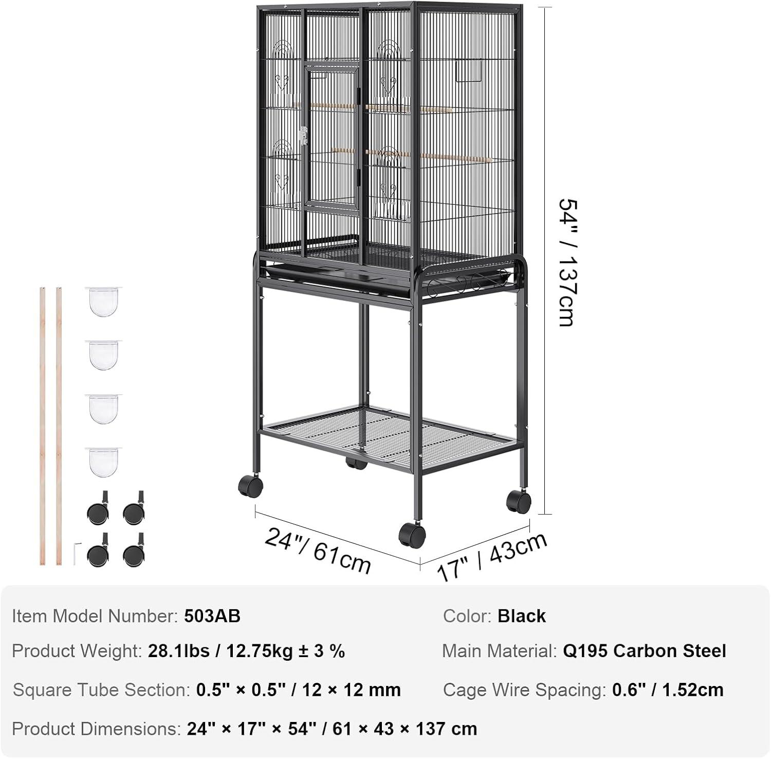 VEVOR 54 Inch Black Carbon Steel Bird Cage with Rolling Stand