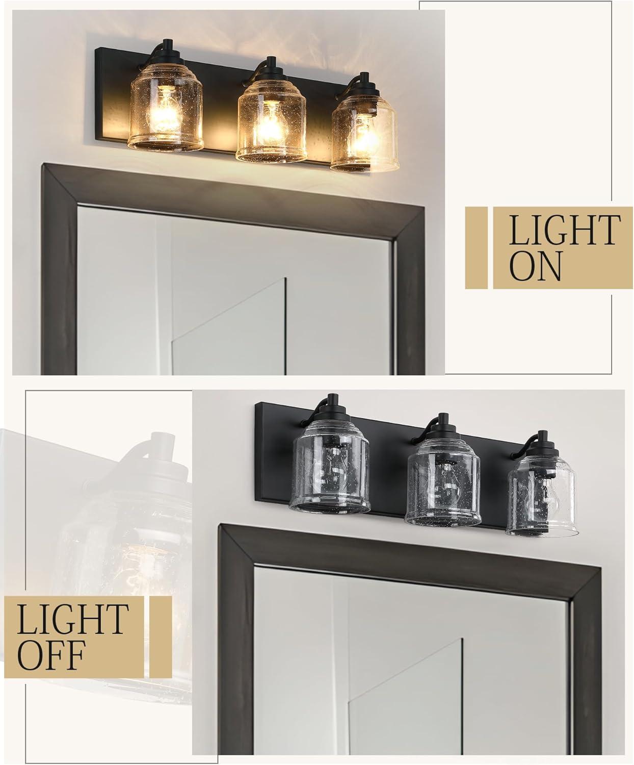 Vanity Lights for Bathroom Large 23", Farmhouse Rustic Vanity Light with Bubble Glass Shades, Black 3 Light Bathroom Lighting Fixtures Over Mirror, Bath Wall Sconce Home Decor