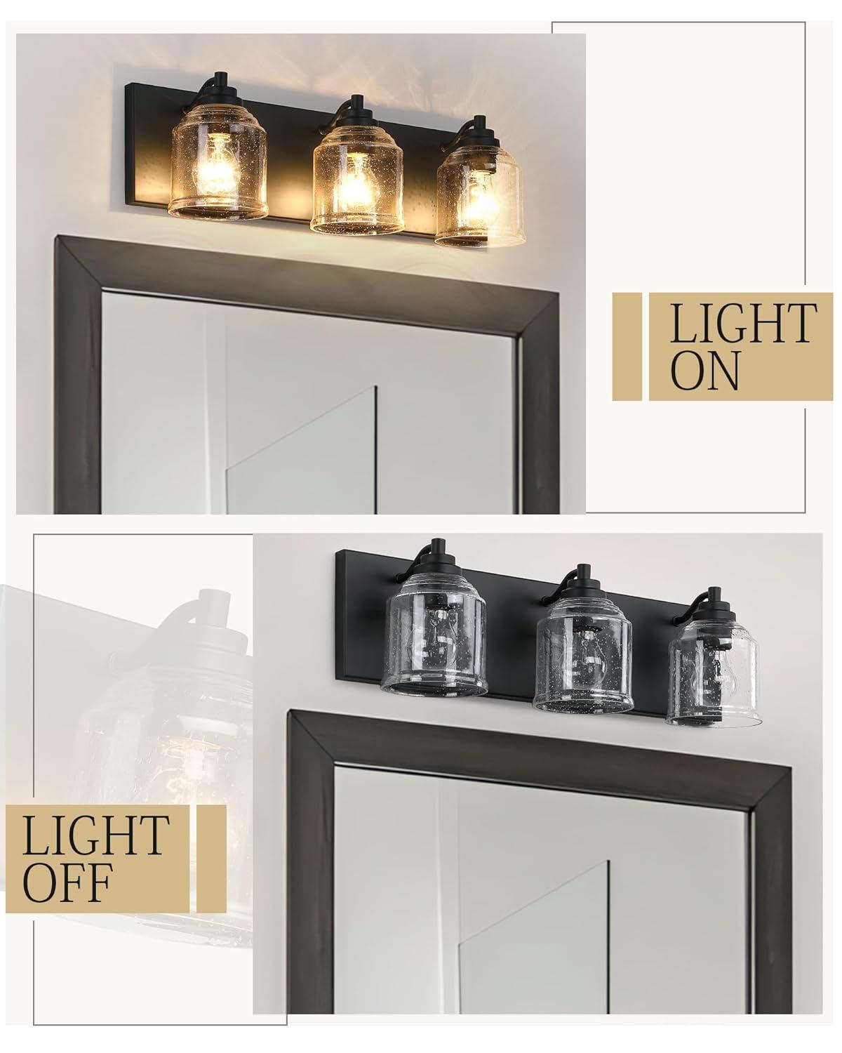 Vanity Lights for Bathroom Large 23", Farmhouse Rustic Vanity Light with Bubble Glass Shades, Black 3 Light Bathroom Lighting Fixtures Over Mirror, Bath Wall Sconce Home Decor