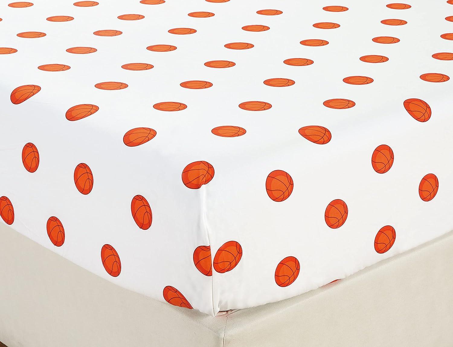 Chezmoi Collection 4-Piece Kids/Teens Sports Microfiber Sheet Set White Orange Basketball, Full Size