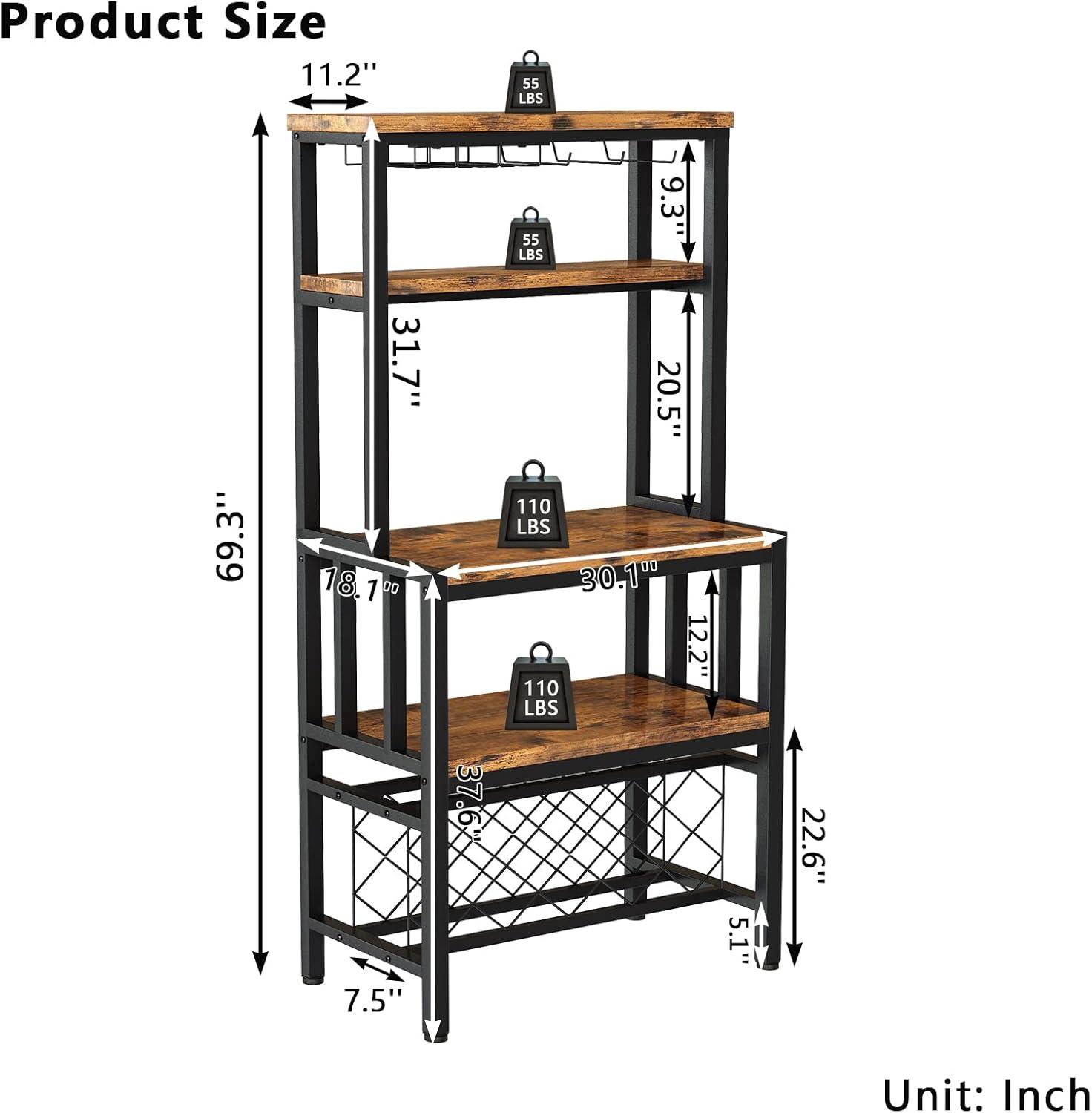 Alieon Wine Rack Freestanding Floor, Kitchen Organizers and Storage with Wine Bottle Holder Glass Holder, Multi-Function Bakers Rack Home Coffee Wine Bar Cabinet, Rustic Brown