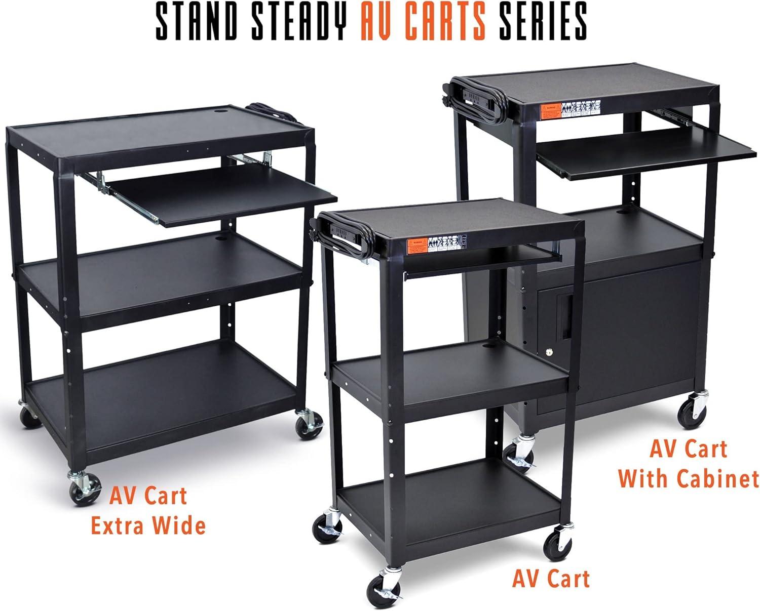 Black Adjustable Height AV Cart with Locking Cabinet and Keyboard Tray