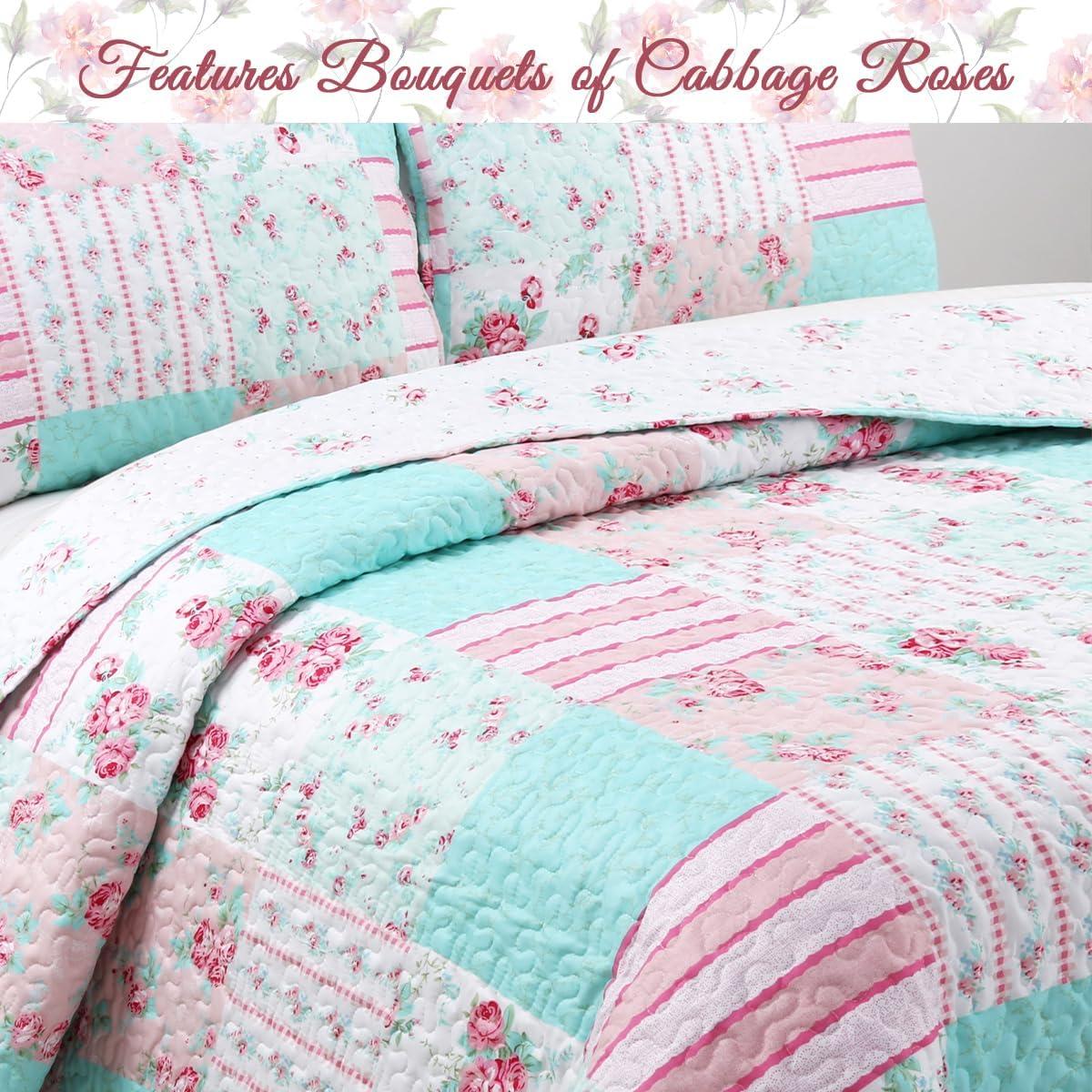 Pink and Turquoise Floral Reversible Twin Microfiber Quilt Set