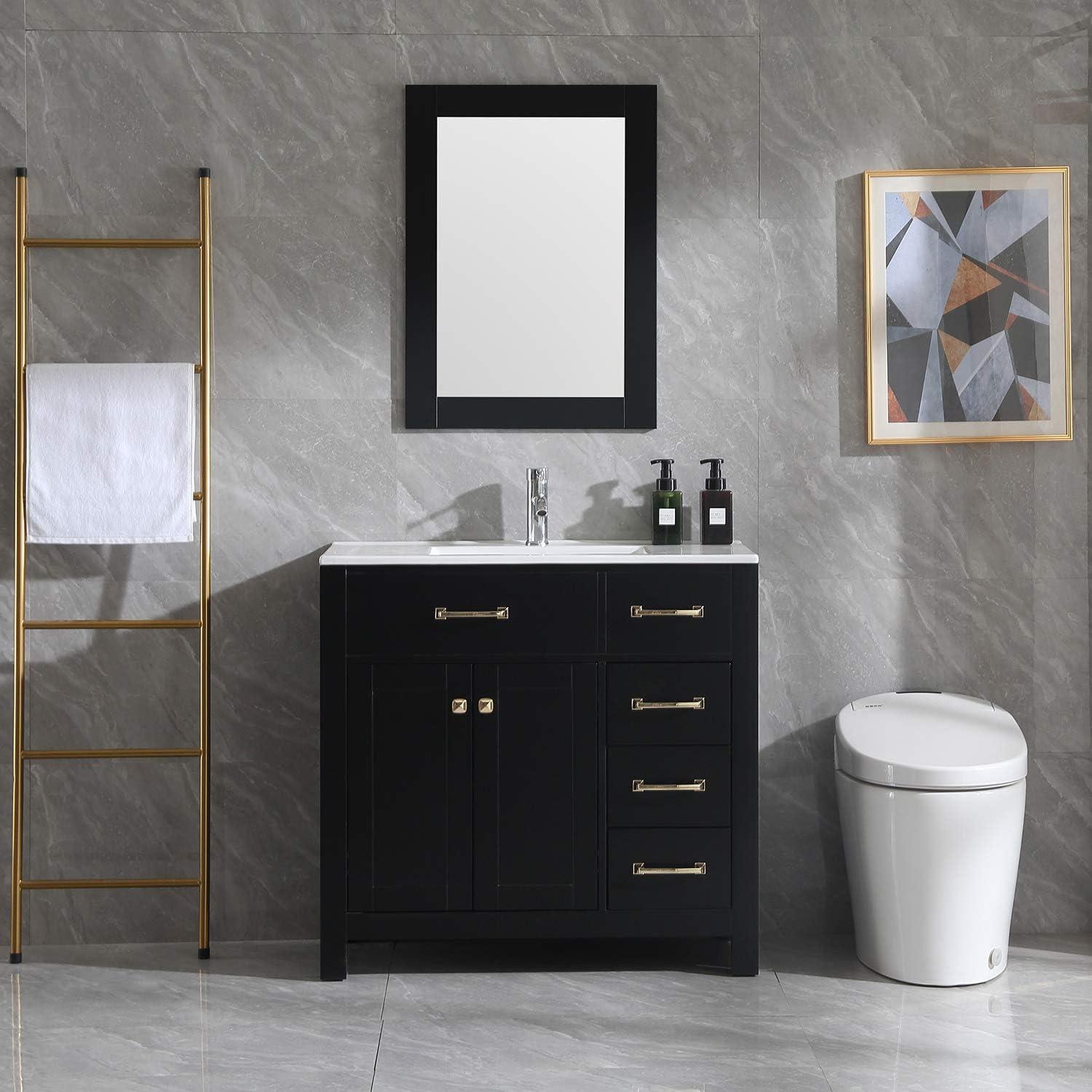 Wonline 36" Luxurious Bathroom Vanity with Sink Combo Set,Free Standing Bathroom Vanity Cabinet w/Thickened Wood, Faucet, Painted Surface, Mirror, Black