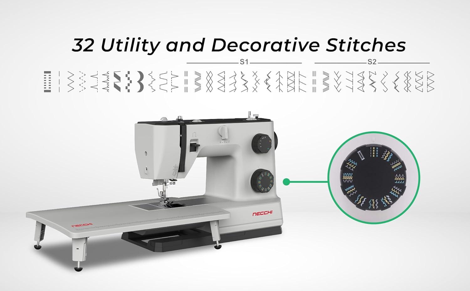 NECCHI Q132A Sewing Machine with Extension Table, Italian Designed, Stainless Steel Metal Bedplate, 32 Built-In Stitches, Accessory Kit Included.
