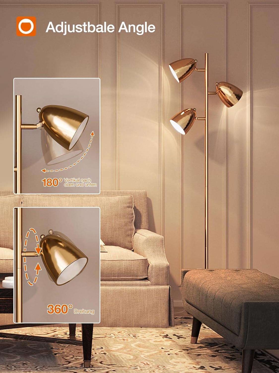 Brightech Jacob 64" Modern 3-Light Adjustable LED Floor Lamp with Gold Brass Finish and Metal Cone Shades, Bulbs Included