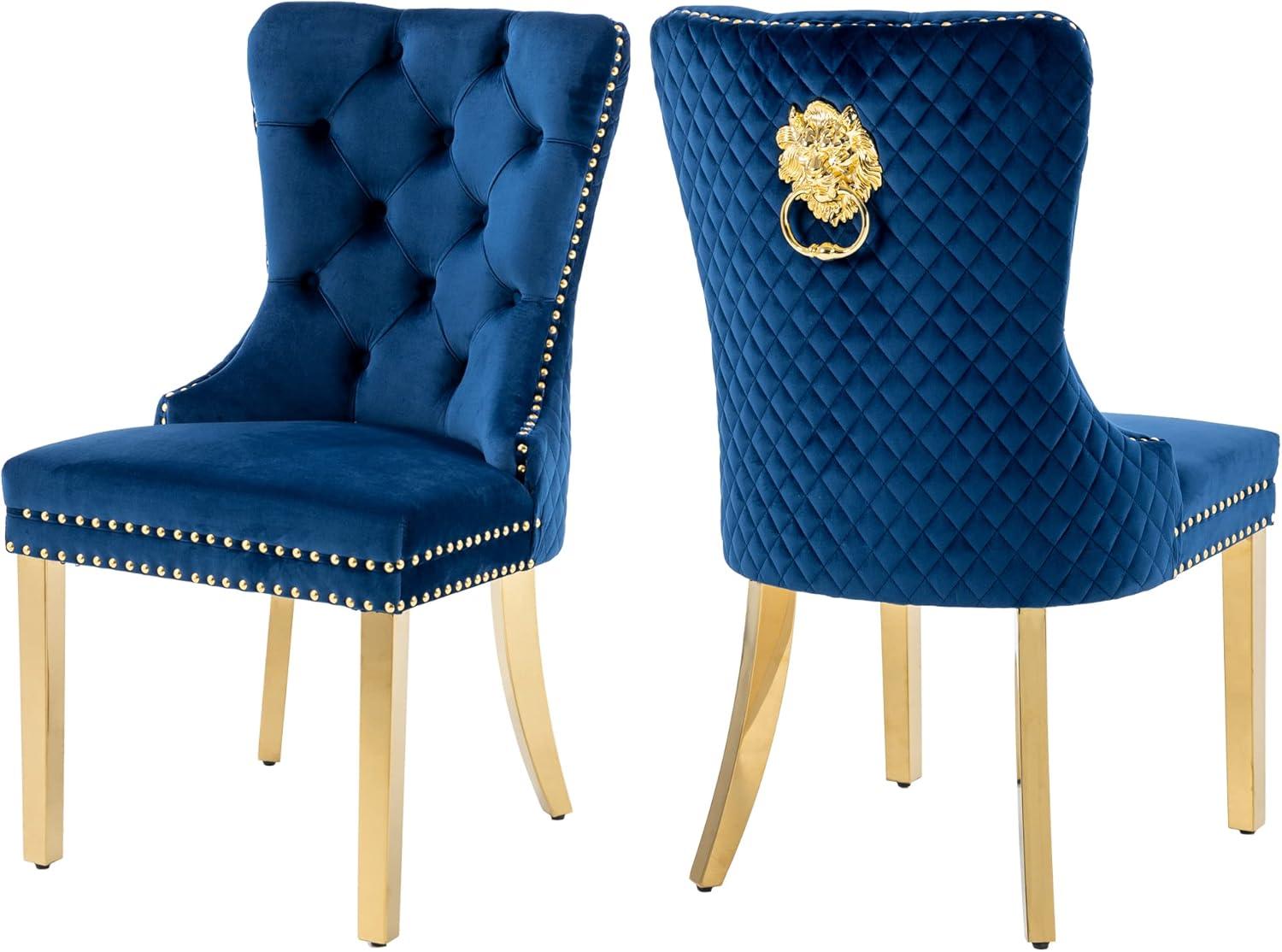 Velvet Upholstered Dining Chairs, Set of 2, Dining Room Tufted Chair, Modern Button Tufted Armless Chairs with Nailhead Trim and Back Ring Pull, Gold Legs, for Dining Room, Kitchen, Navy