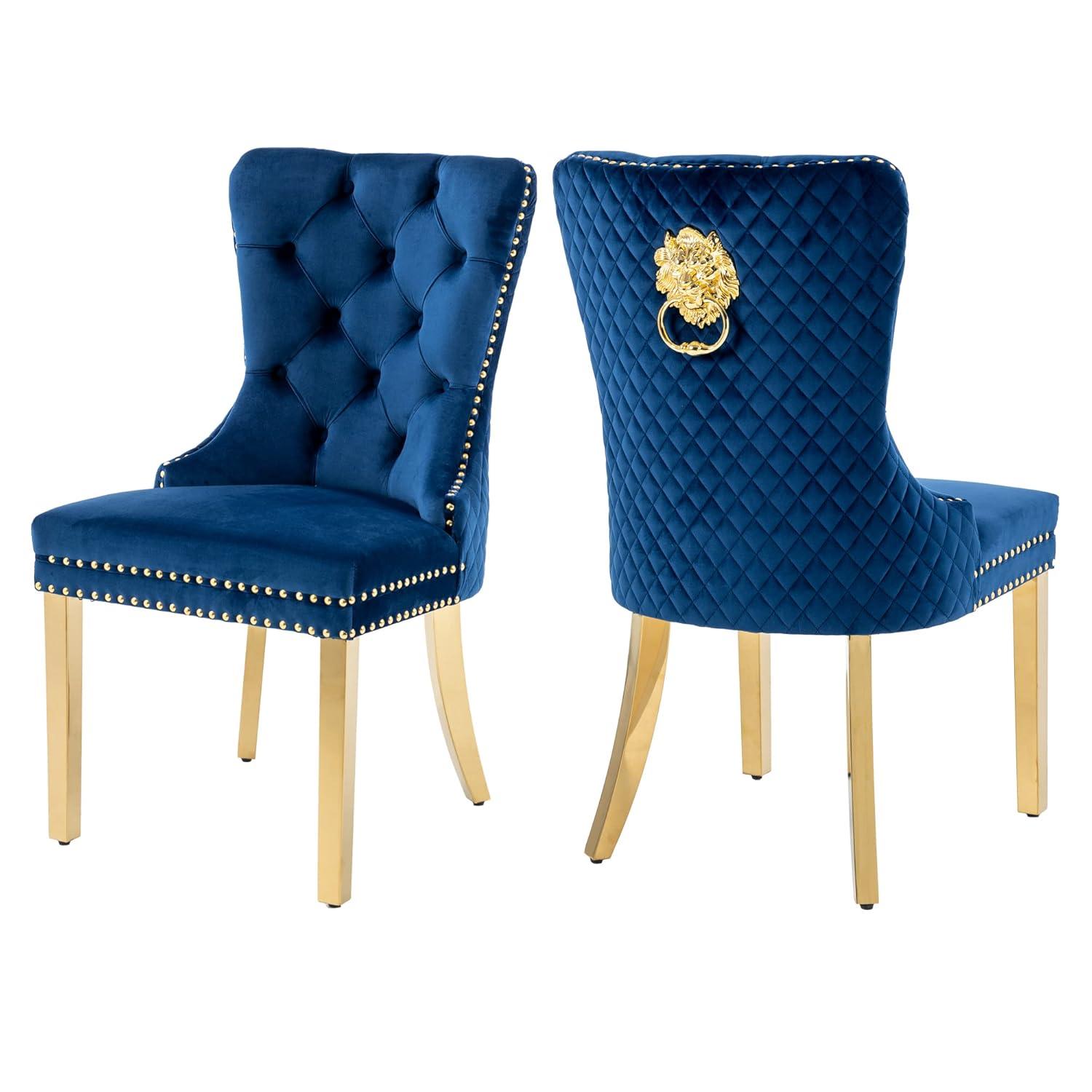 Velvet Upholstered Dining Chairs, Set of 2, Dining Room Tufted Chair, Modern Button Tufted Armless Chairs with Nailhead Trim and Back Ring Pull, Gold Legs, for Dining Room, Kitchen, Navy
