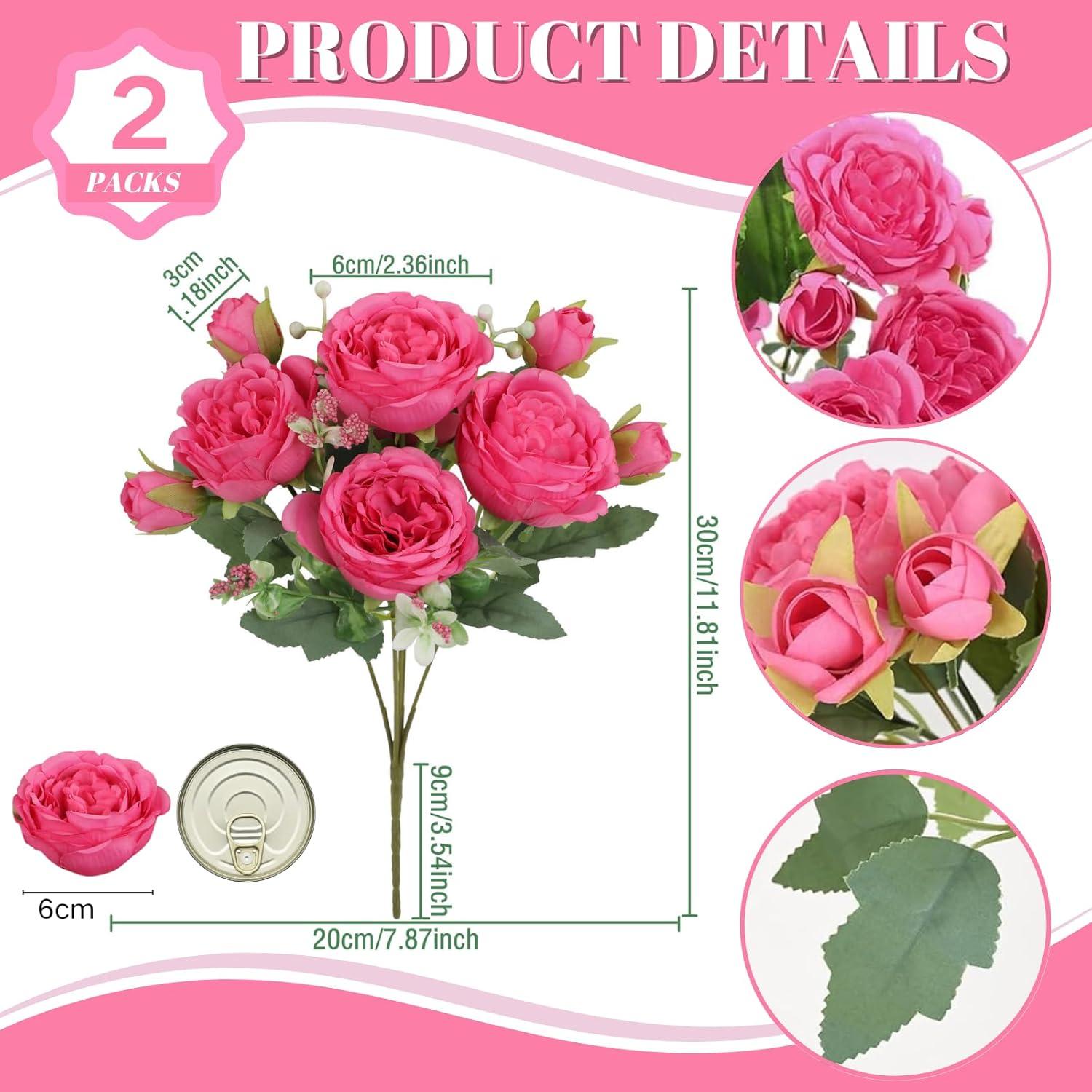 ASTRYAS 2Pcs Artificial Peony Flower Silk Peonies Fake Flowers for Decoration Faux Floral Arrangements for Home Wedding Party Decor (Hot Pink)