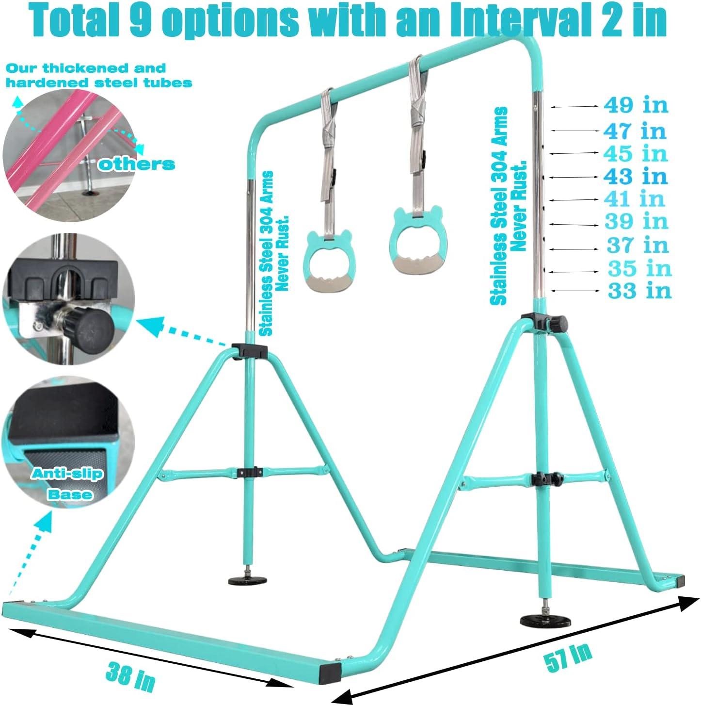 Aqua and Pink Foldable Gymnastics Training Bar with Rings