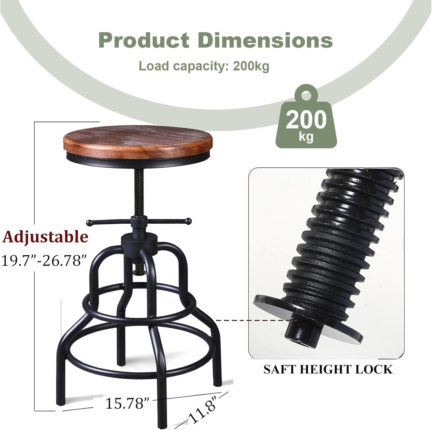 LOKKHAN Vintage Industrial Bar Stool-Rustic Swivel Bar Stool-Round Wood Metal Stool-Kitchen Counter Height Adjustable Pipe Stool-Cast Steel Stool 20-27 Inch (Set of 2)