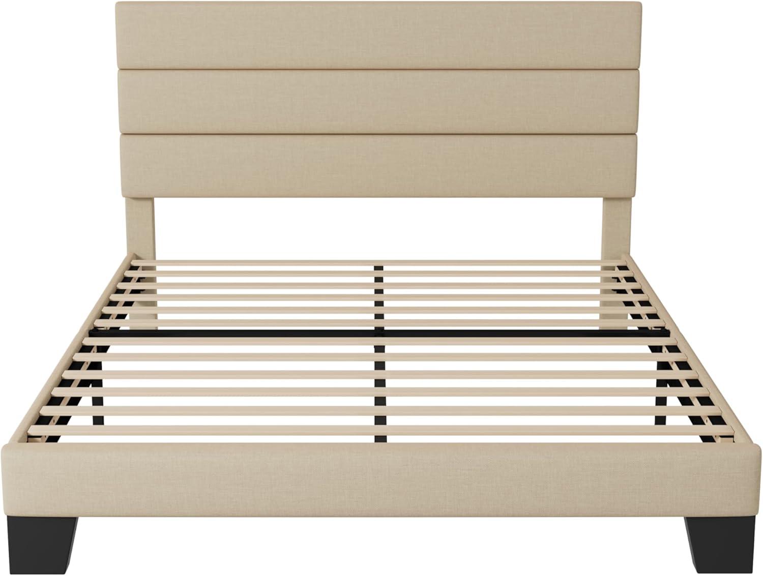 Beige Queen Upholstered Platform Bed with Wooden Slats