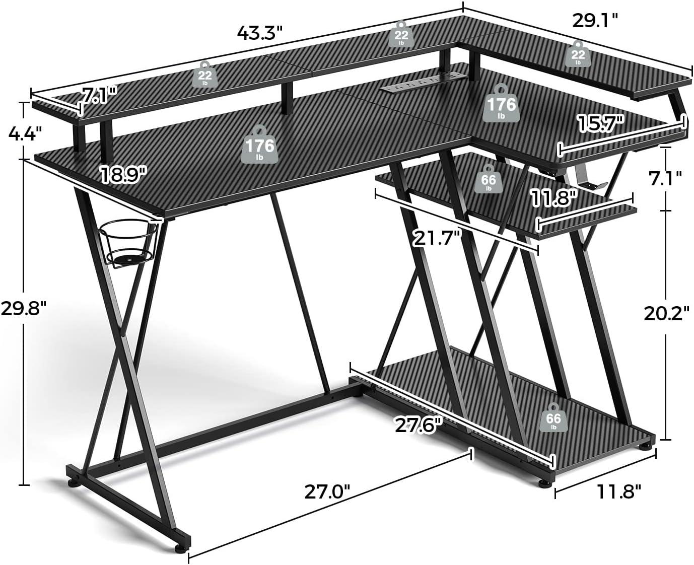 Black L-Shaped Gaming Desk with LED Lights, Power Outlet, and Storage