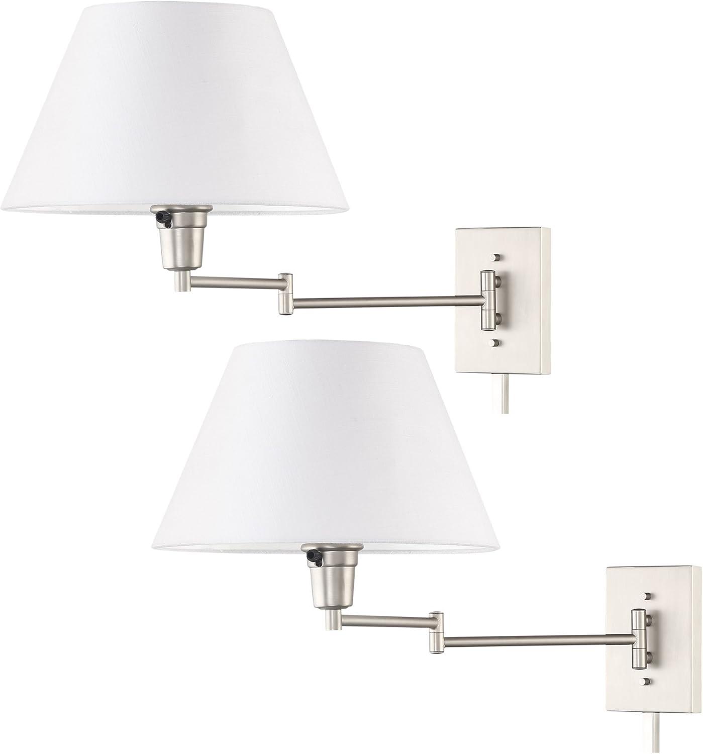 Revel Cambridge 13" Swing Arm Wall Lamp - Plug In/Wall Mount + White Fabric Shade, 150W 3-Way, Satin Nickel, 2-Pack