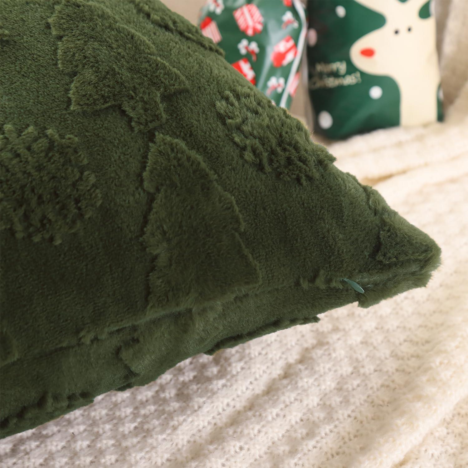 Dark Green Polyester Euro Christmas Tree Pillow Covers, 18x18 Inch, Set of 2