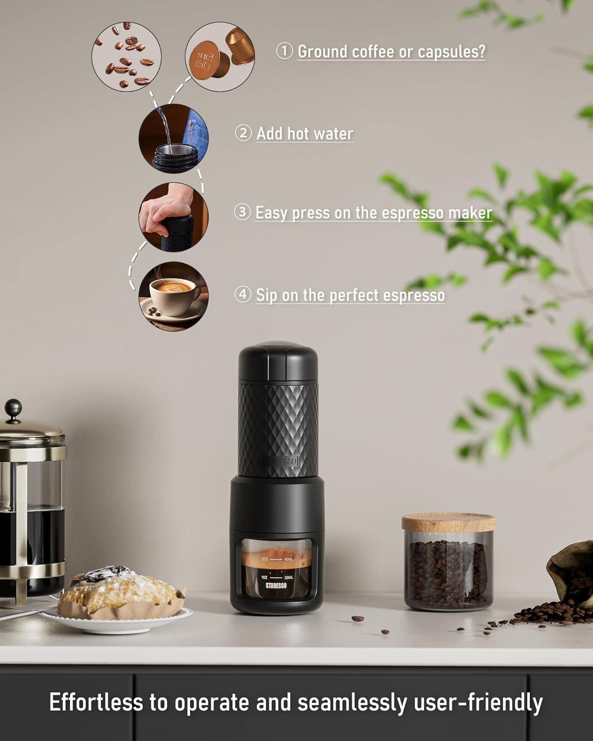 Compact Black Portable Espresso Maker with Capsule Compatibility