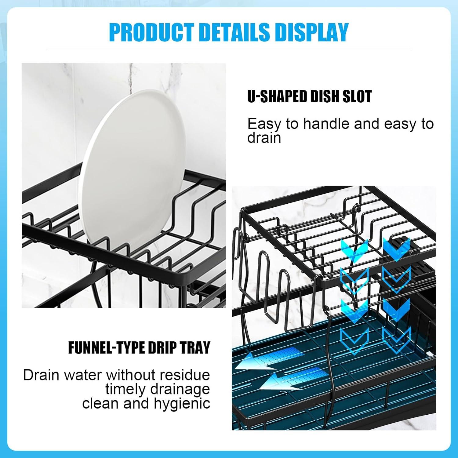 iSPECLE Dish Drying Rack with Drainboard - Dish Racks for Kitchen Counter, Rust-Resistant Compact Dish Drainer with Utensil Holder, Drain Spout and High Feet on Drip Tray, Black