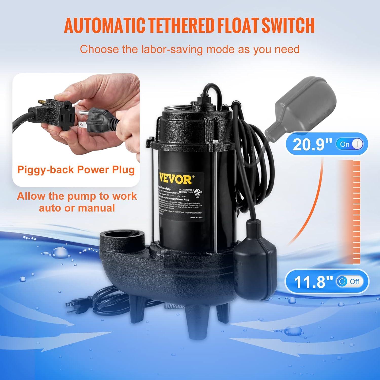 VEVOR 3/4 HP Black Cast Iron Submersible Sewage Pump with Float Switch