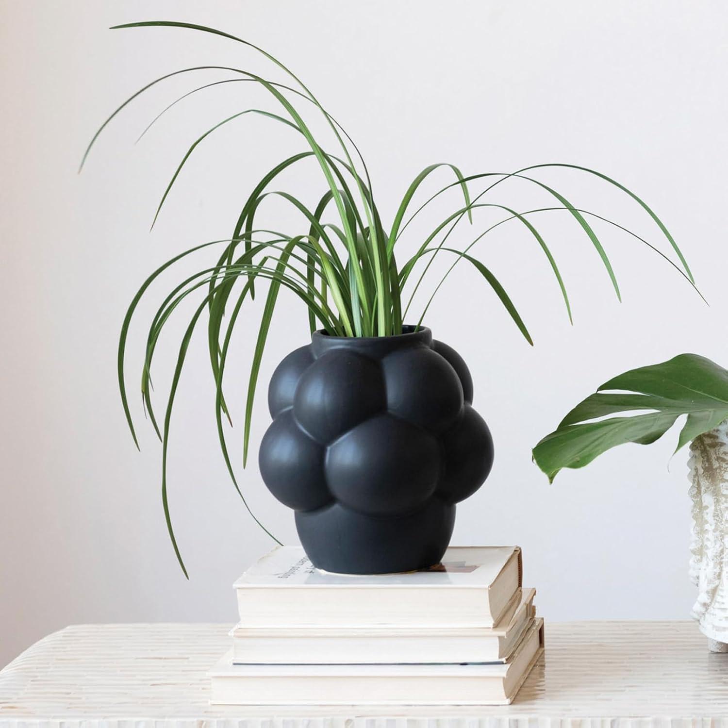 Matte Black Stoneware 8'' Round Vase with Raised Dots