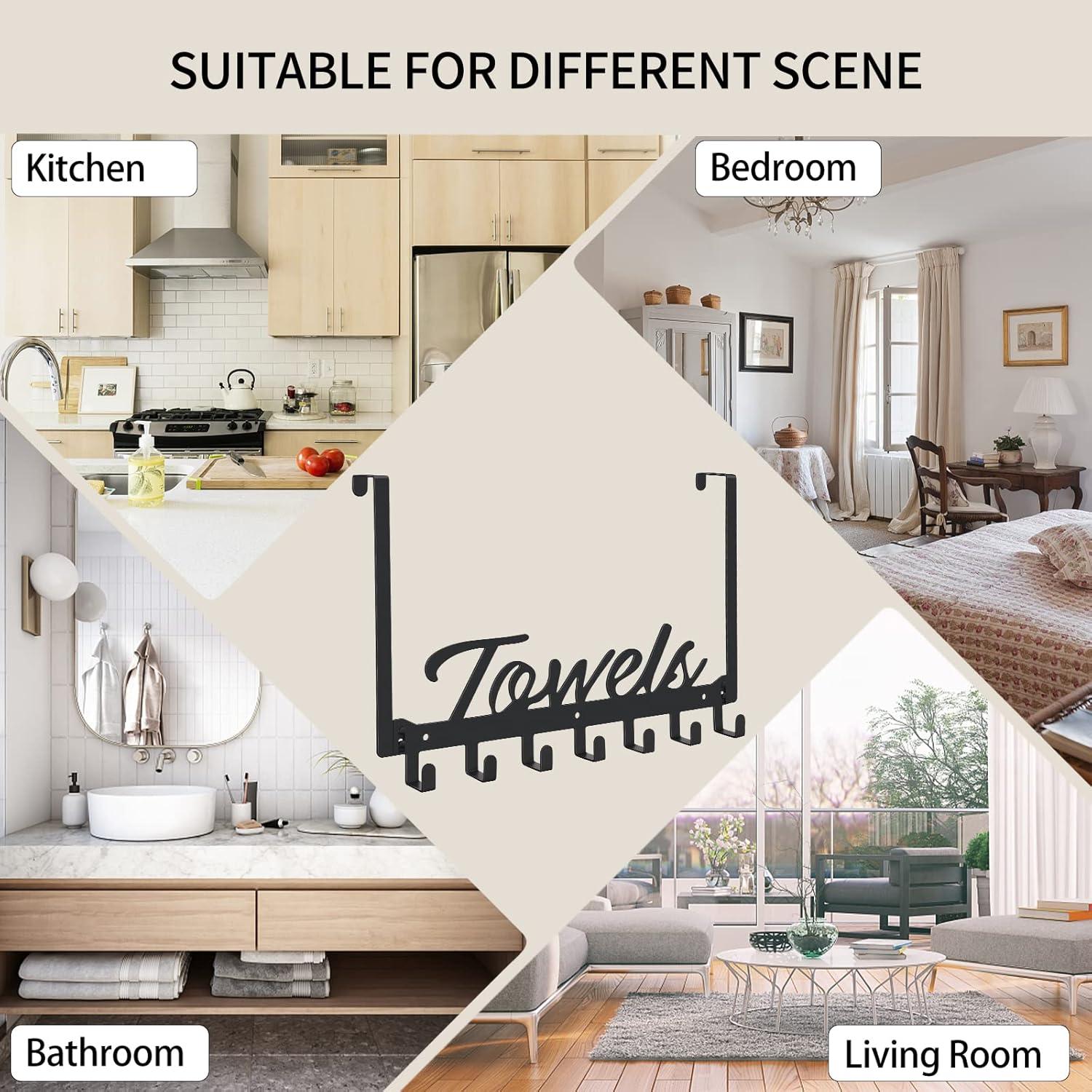 Over The Door Hooks - Heavy Duty Towel Rack with 6 Hooks for Bedroom, Bathroom, Kitchen - Holds Towels, Bags, Coats, Hats - Black