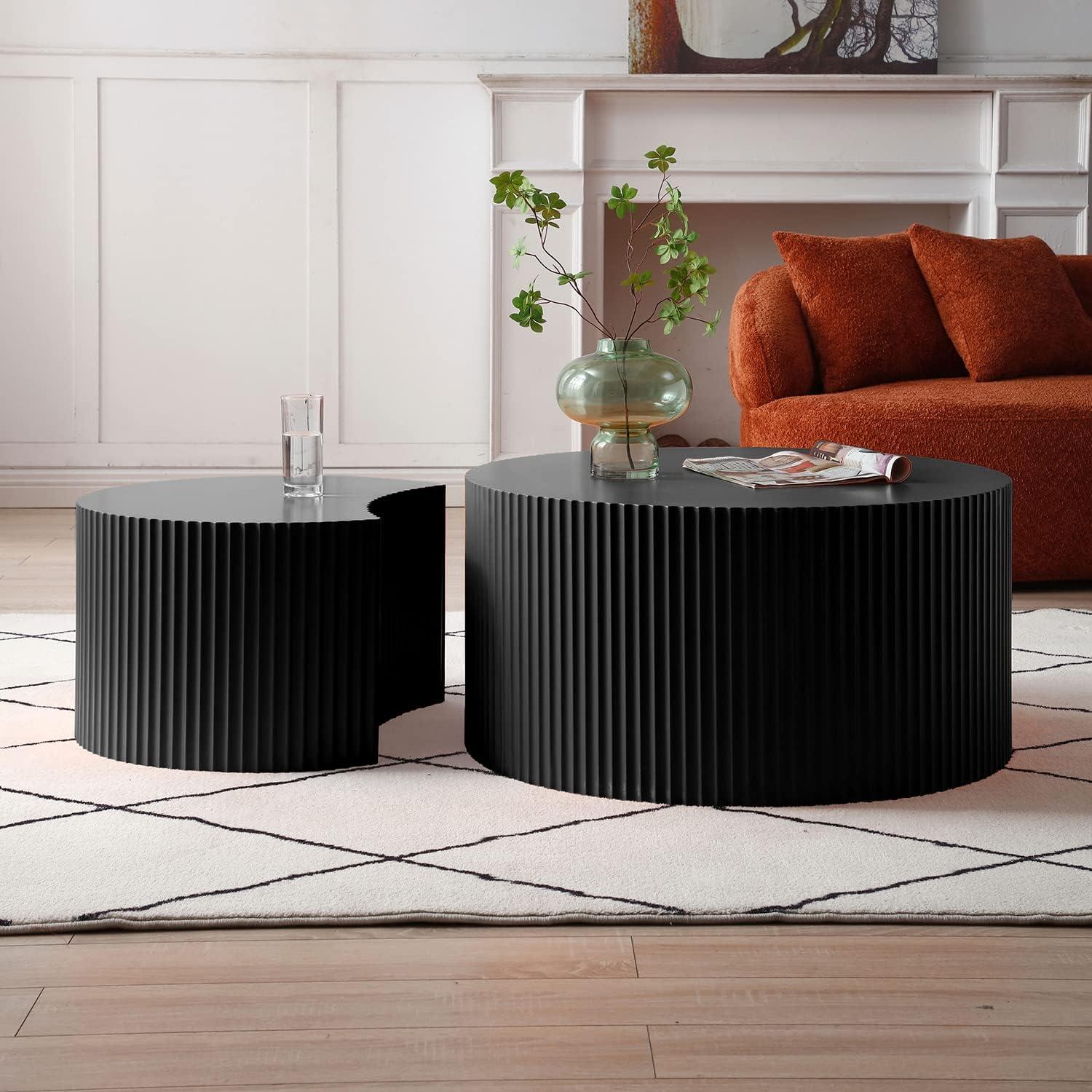 WILLIAMSPACE Nesting Coffee Table Set of 2, Matte Black Round Wooden Coffee Tables, Modern Luxury Side Tables Accent End Table for Living Room Apartment