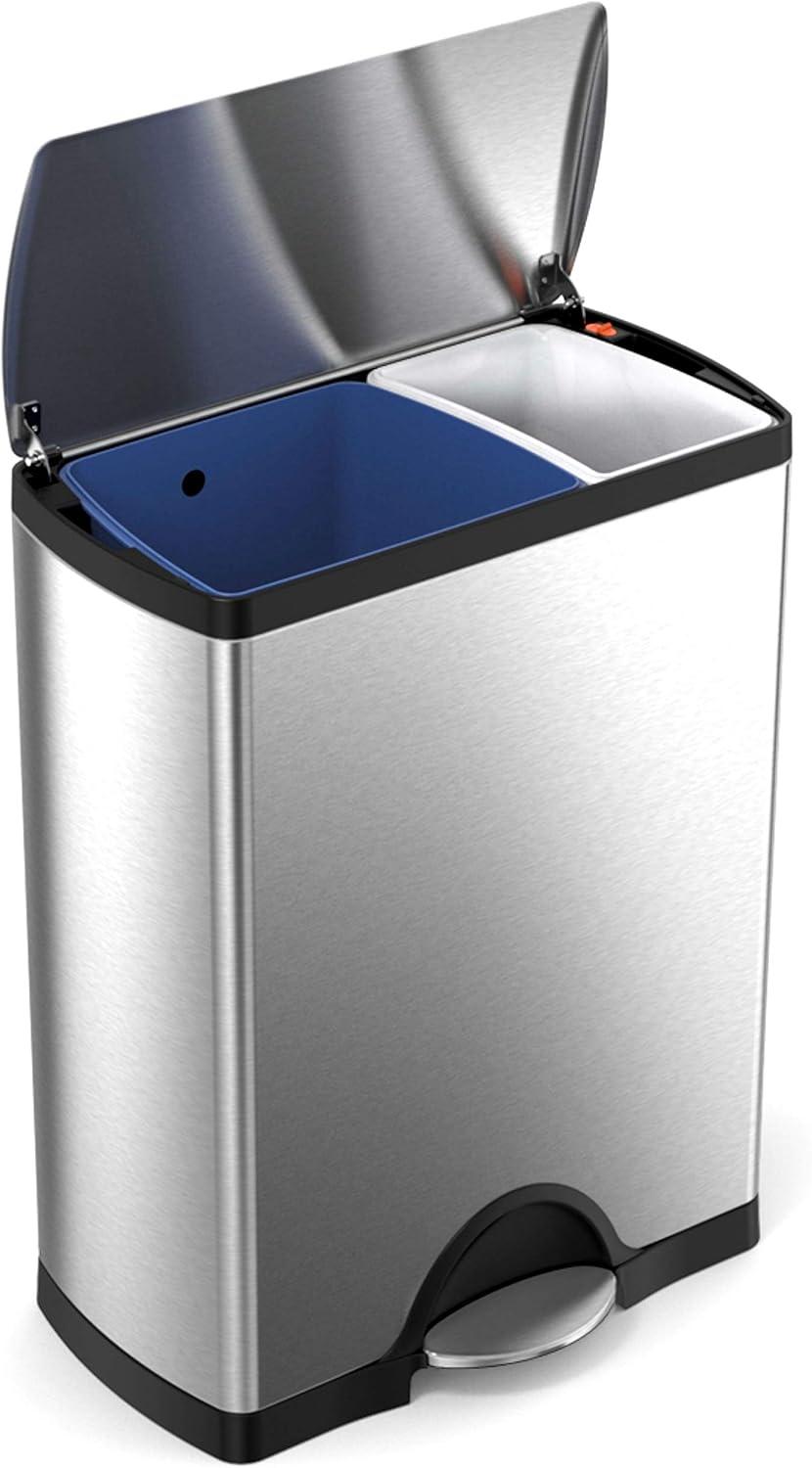 simplehuman Rectangular Dual Compartment Recycling Kitchen Step Trash Can, 46 Liter, Stainless Steel