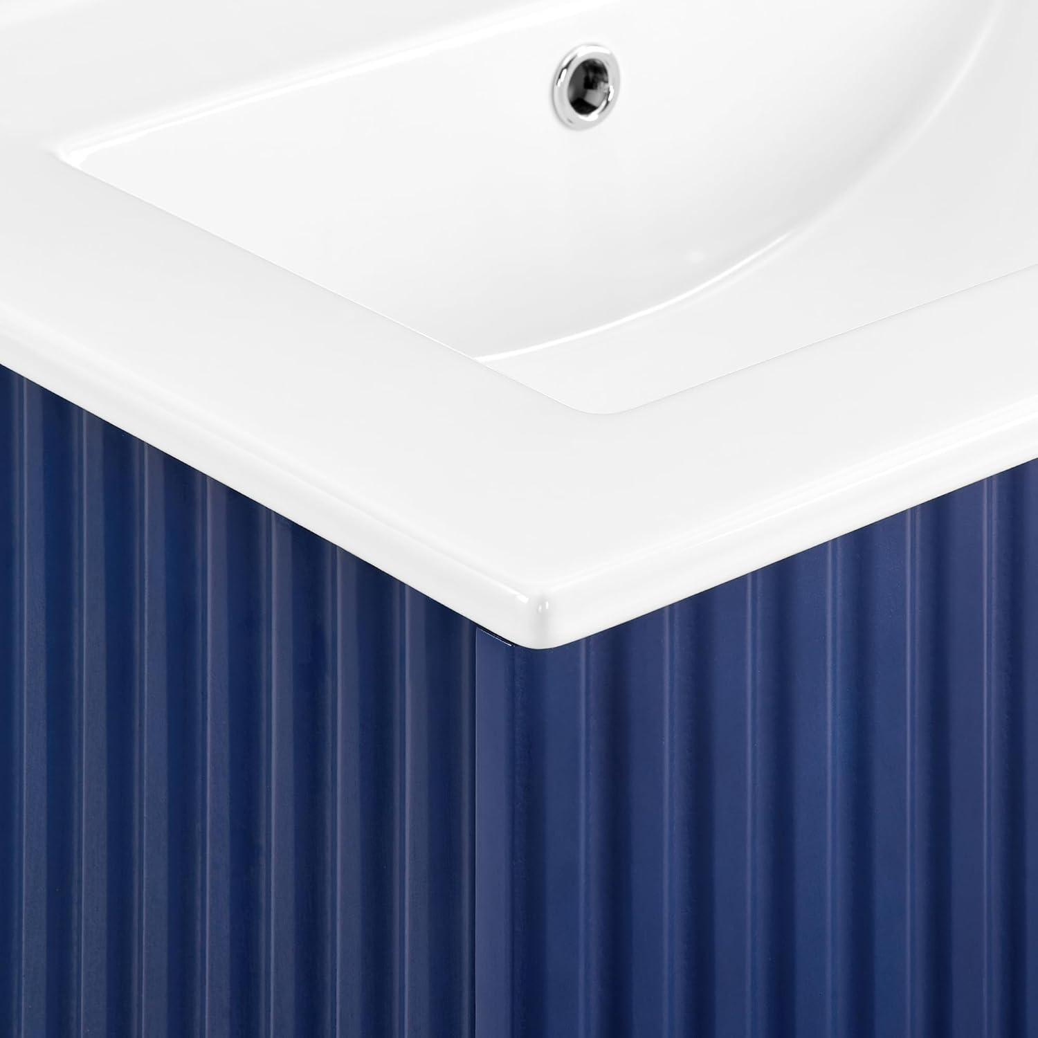 Blue Wall-Mounted Bathroom Vanity with White Resin Sink