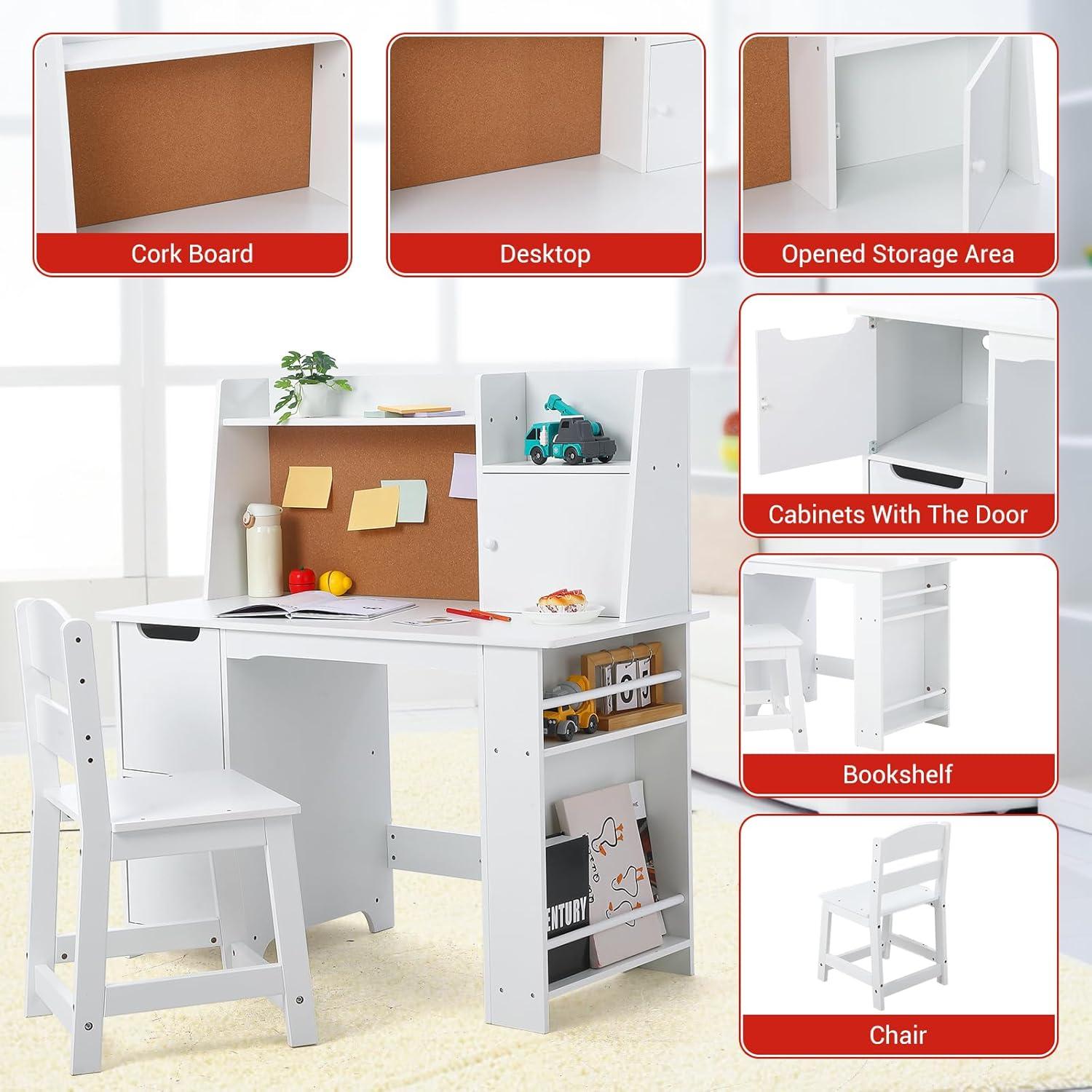 Soonbuy Kids Desk, Wooden Study Desk and Chair Set for Children, Writing Desk with Storage for 3-8 Yrs Boys Girls,White