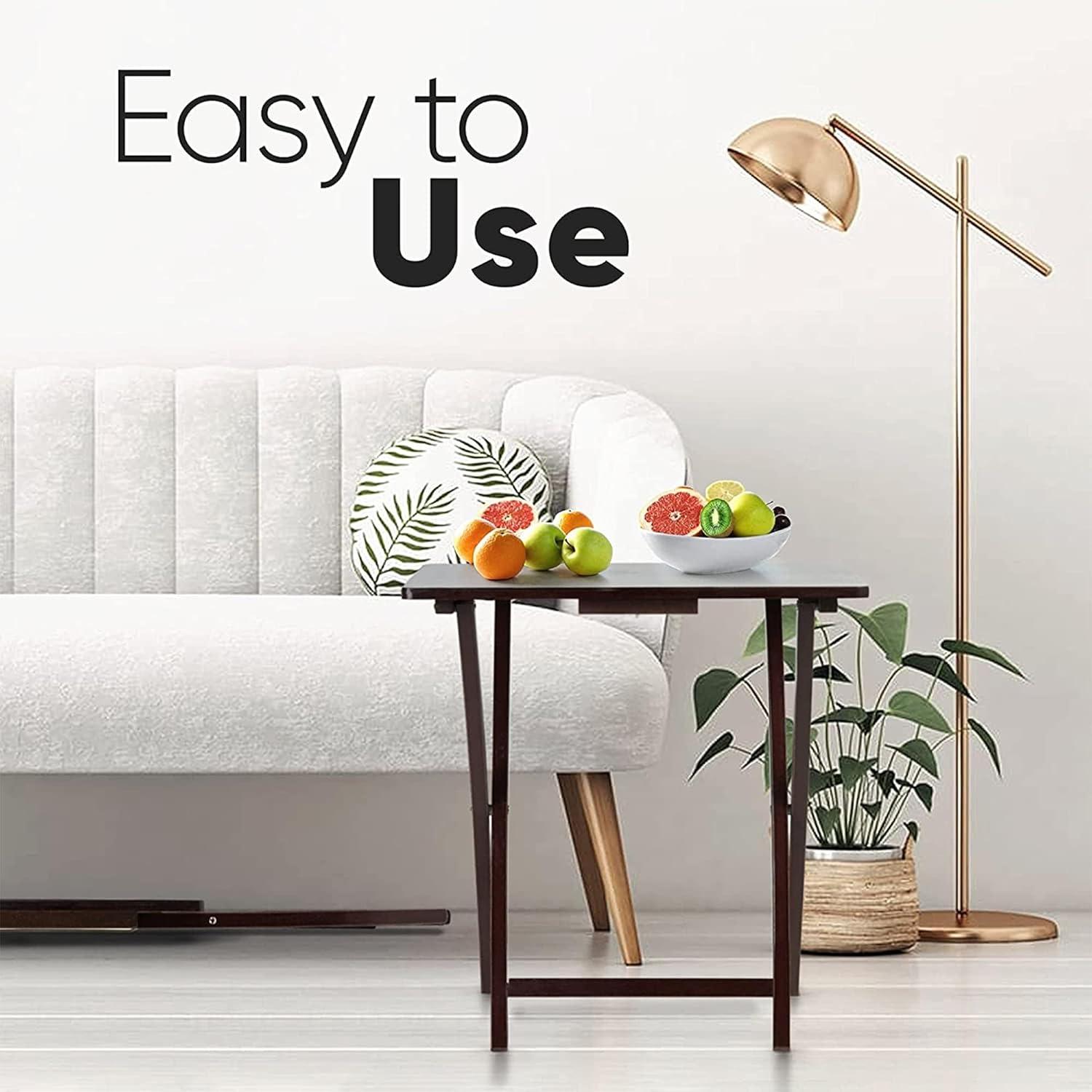 PJ Wood Solid and Sturdy Wood Construction Portable Folding TV Snack Tray Table Desk Serving Stand, Espresso Brown (4-Piece Set)