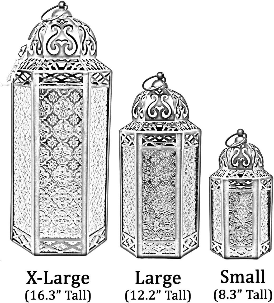 VELA LANTERNS 10.5" Moroccan Lamp Lantern Decorative Candle Holder for Indoor Outdoor Home Decor, Patio, Weddings, Ramadan Decorations, Black Metal, Purple Glass, Medium, Set of 3