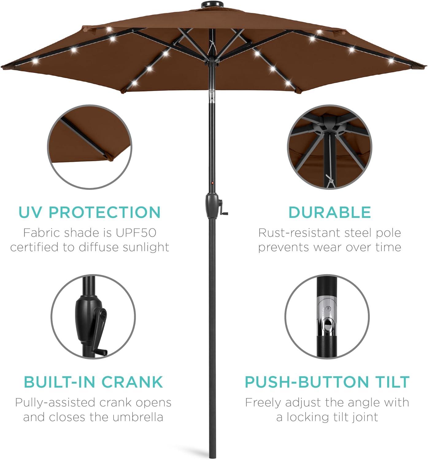 Best Choice Products 7.5ft Outdoor Solar Patio Umbrella for Deck, Pool w/ Tilt, Crank, LED Lights - Brown