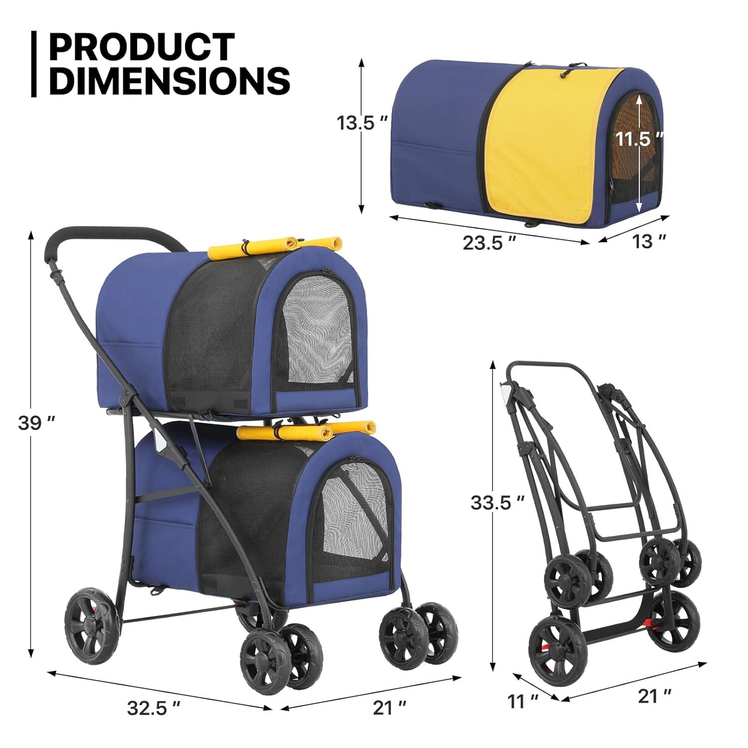 MoNiBloom 4 in 1 Double Pet Stroller, Foldable Cat Stroller for 2 Cats/Dogs with Detachable Carrier Bags & Rear Brakes, Navy Blue/Yellow