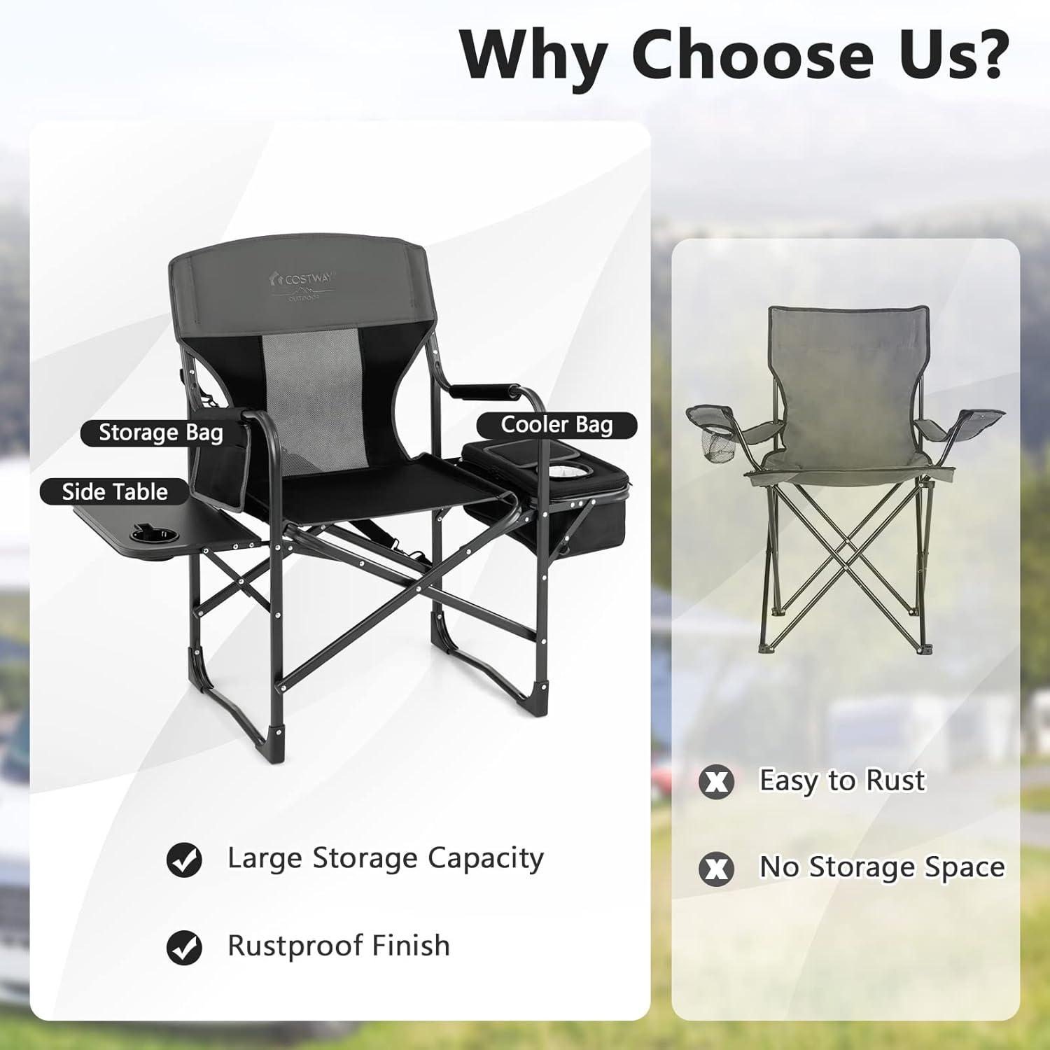 Topcobe Folding Camping Directors Chair with Cooler Bag and Side Table, Portable Chairs for Adults, Comfy Outdoor Chair, Black