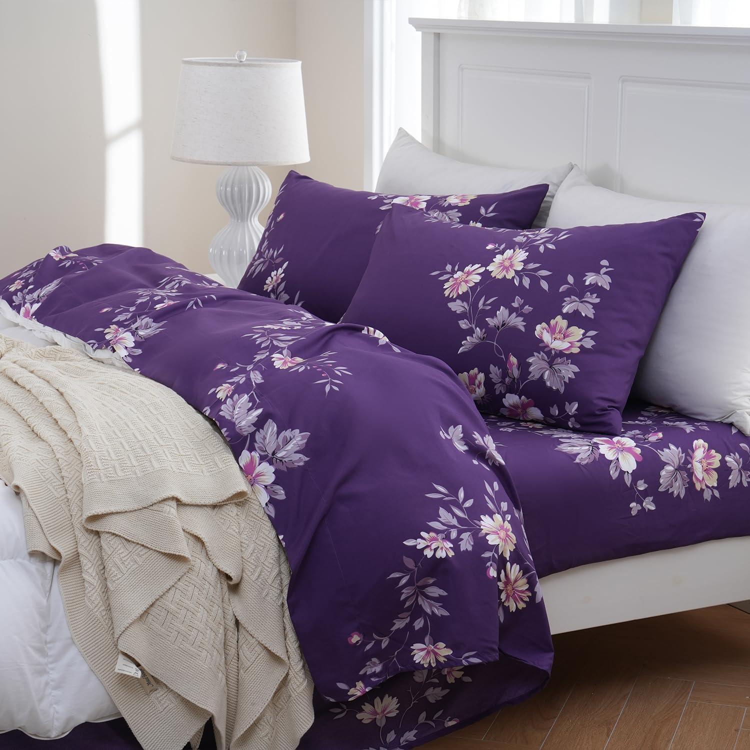 MEISHANG Twin Sheet Set - Floral Sheets Deep Pocket Ultra Soft Brushed Microfiber with Up to 16" Mattresses - Wrinkle Free - 3 Pieces(Twin,Purple Floral)