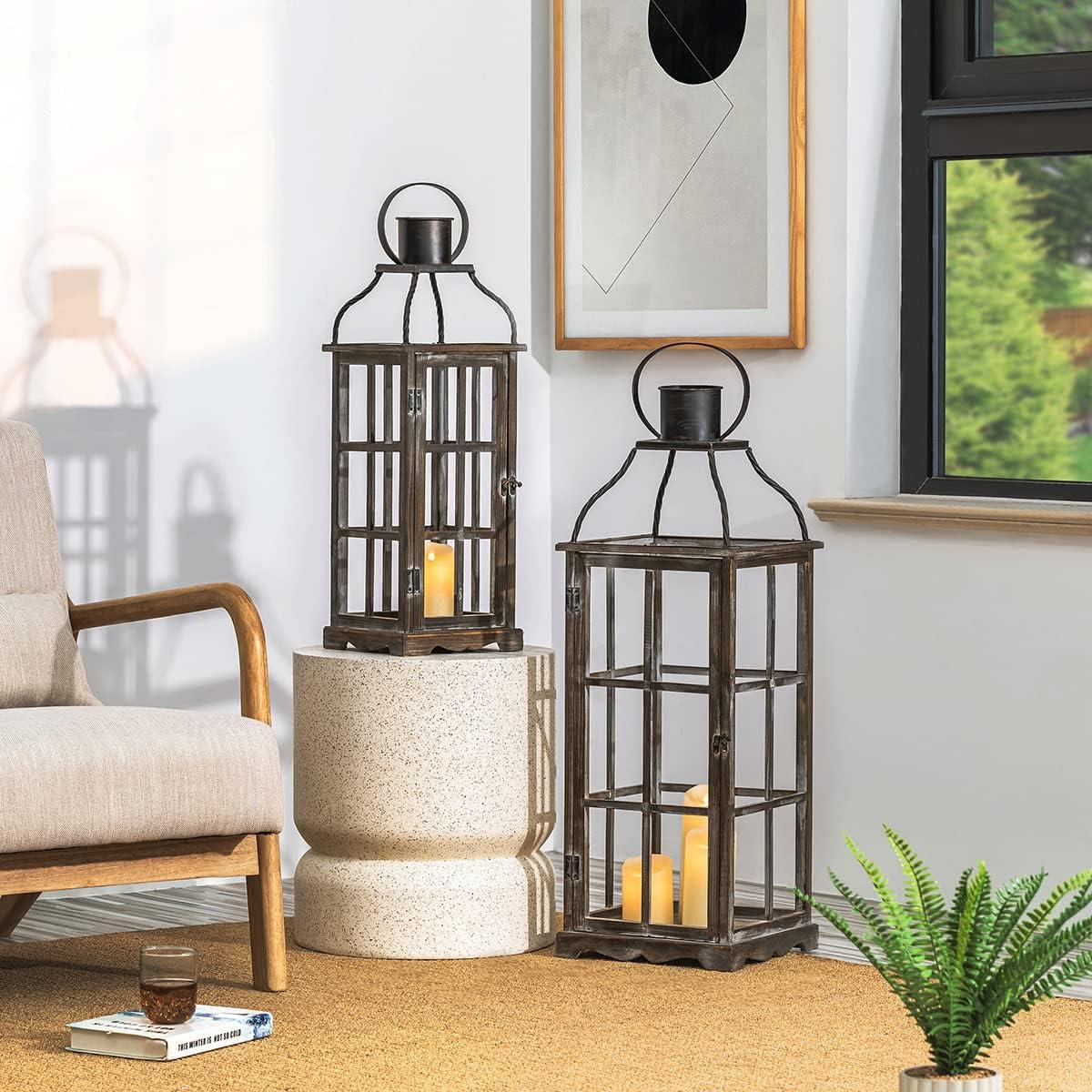 Rustic Farmhouse Wood Candle Lantern Set for Tabletop Decor