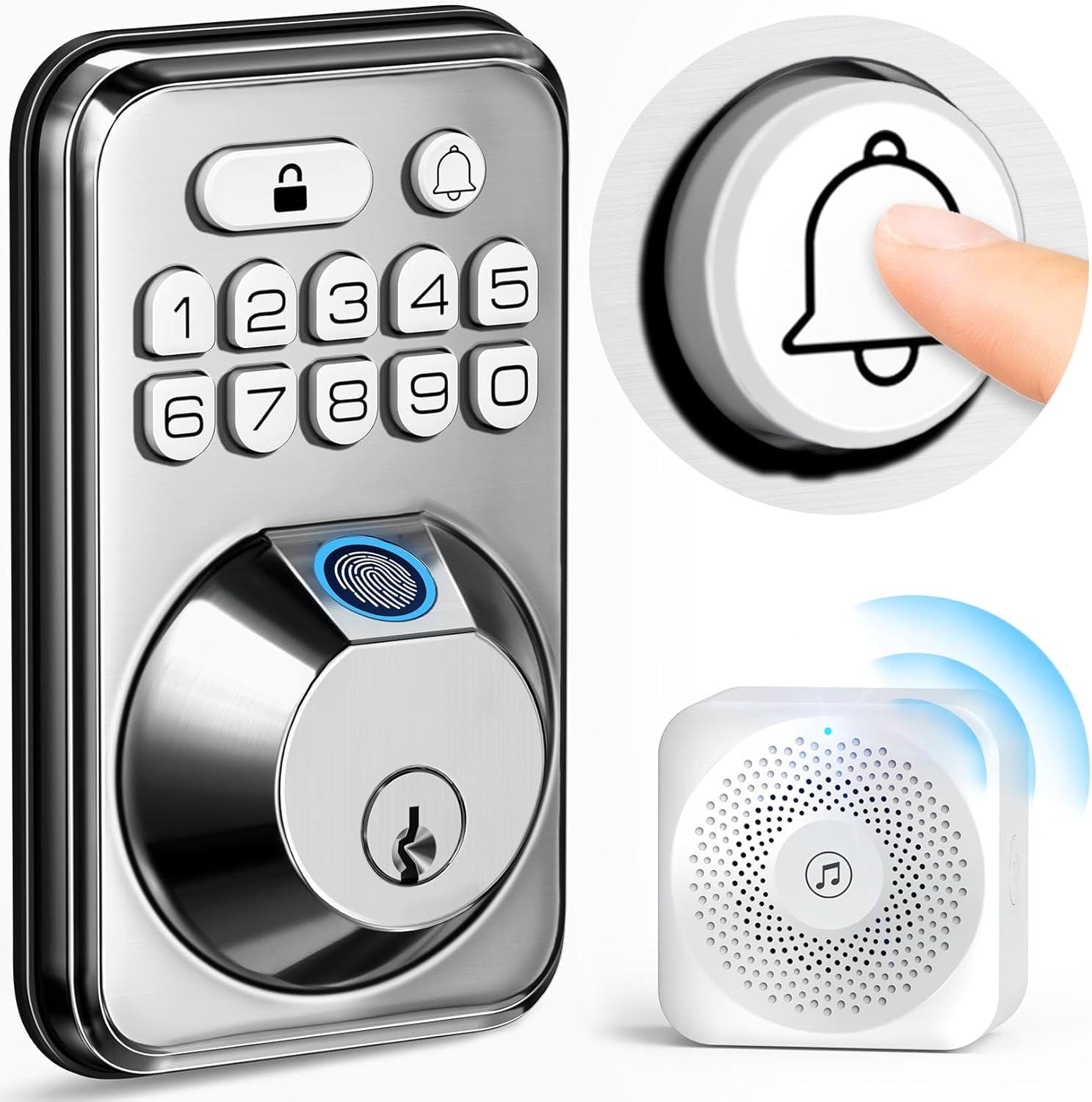 TEEHO Fingerpint Keyless Entry Keypad, Smart Digital Deadbolt Door Lock for Front Door, Remotely Share Temporary PIN Code, Easy Installation-Satin Nickel