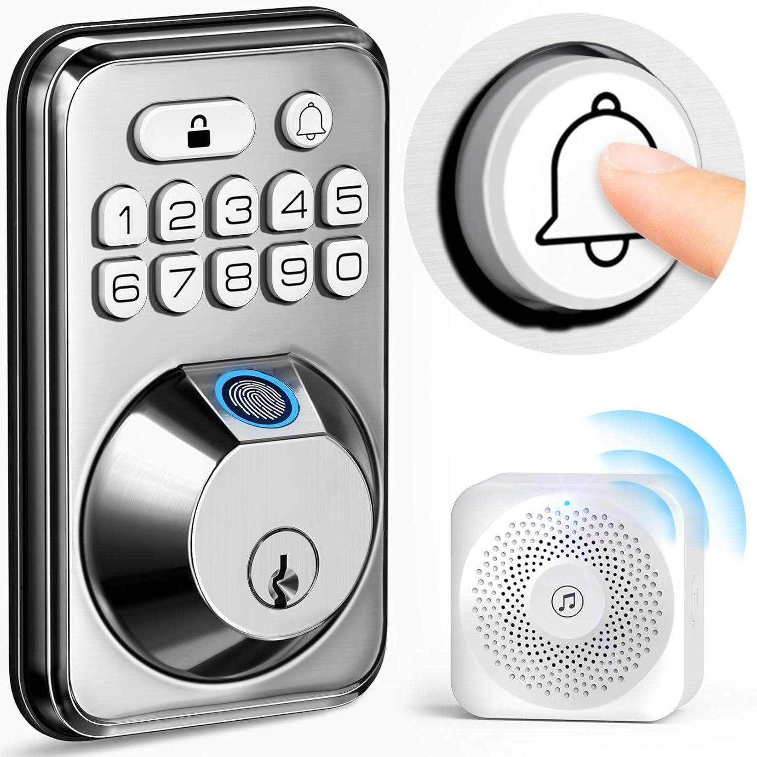 TEEHO Fingerpint Keyless Entry Keypad, Smart Digital Deadbolt Door Lock for Front Door, Remotely Share Temporary PIN Code, Easy Installation-Satin Nickel