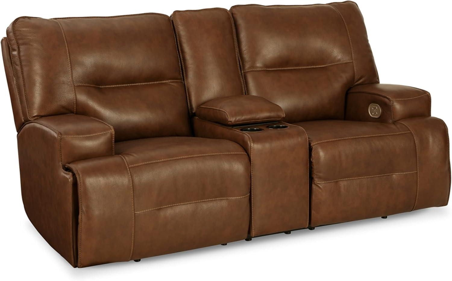 Brown Faux Leather Power Reclining Sectional with Cup Holder